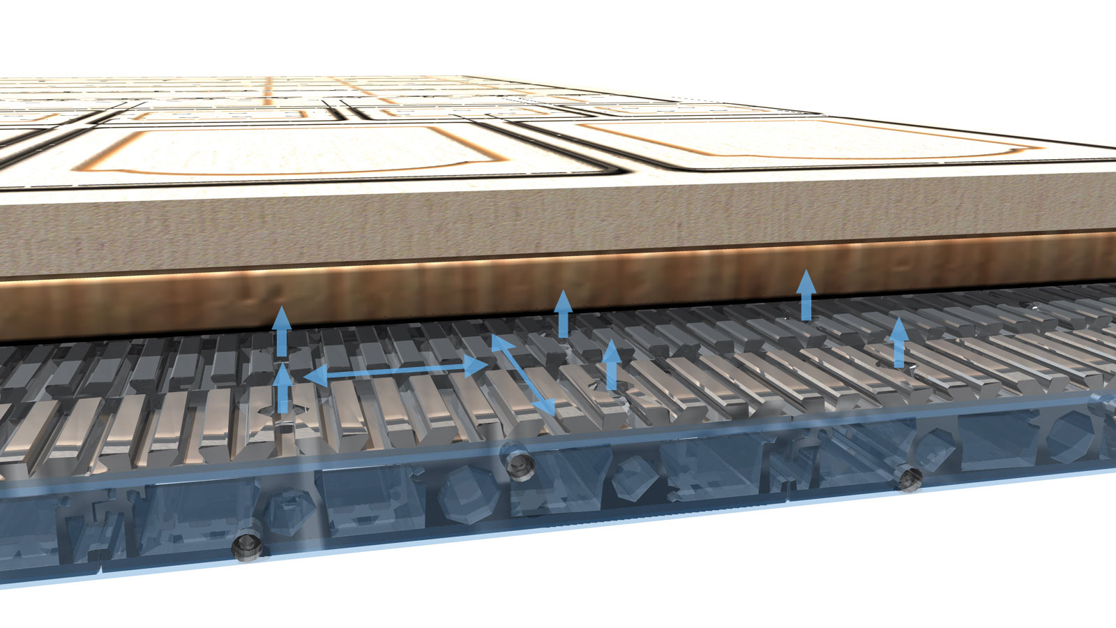 Vacuum grid table with air cushion function: The vacuum transmission is integrated in the design of the aluminium grid table. Division into zones and efficient vacuum pumps ensure reliable clamping, even for nesting processes with underlay panels. The air cushion function makes light work of handling large-format panel-shaped workpieces.