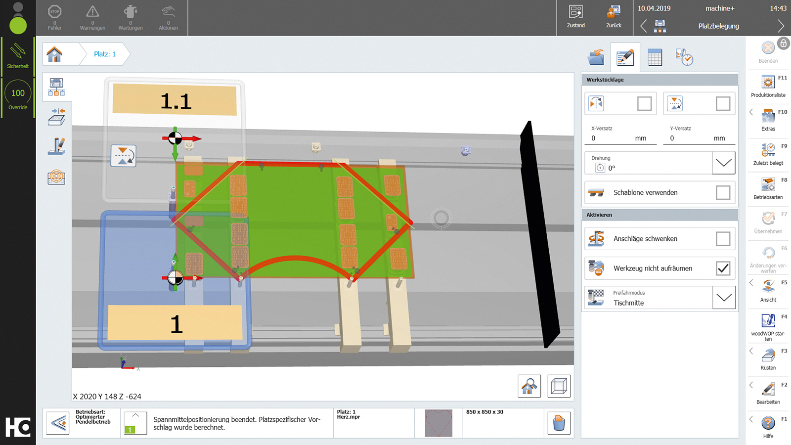 Разпределение на пространството: Опростено 3D изображение на станината на машината, конзолите, ограничителните цилиндри, вендузи и скобите на дисплея на powerTouch. Препоръка за позициониране на детайла за обработка.
