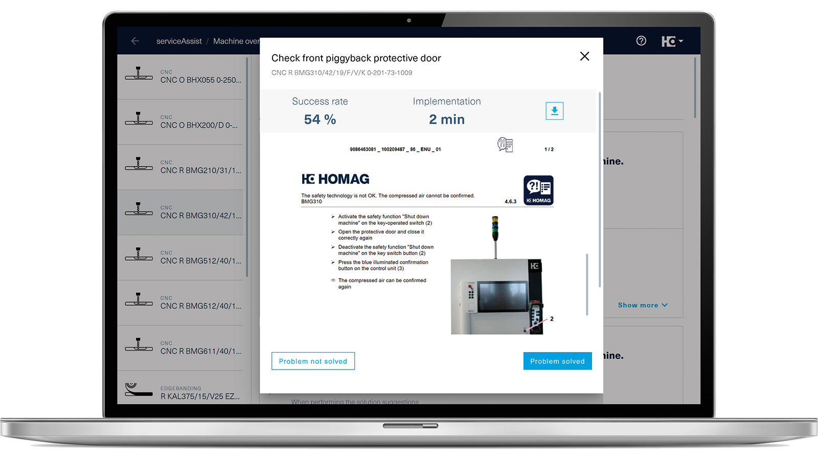 Independent troubleshooting of error messages on your machine: Keep your production running and rely on the serviceAssist web app – the digital support for every machine operator. It provides you with support in case of error messages and helps you find proven solutions without the direct assistance of a service employee.